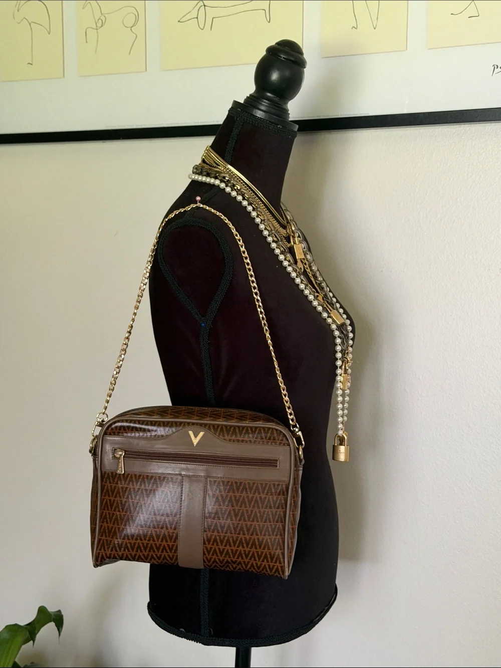Valentino Brown Monogram clutch with Gold Hardware
